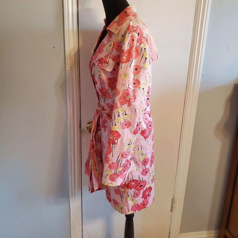 Apostrophe Cotton Pink Floral Trench Coat Quirky Twee Feminine Barbie Size S - Picture 3 of 7